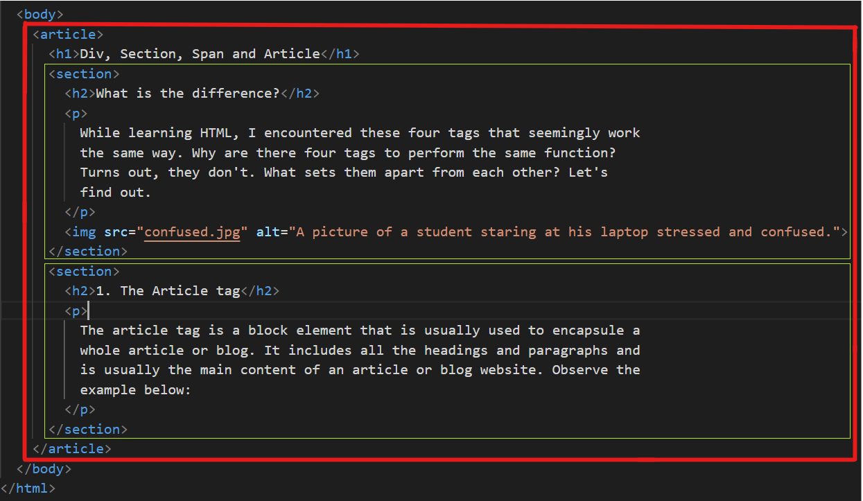 A code snippet of the use of section tags
